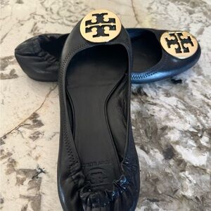 Tory Burch Black Flats with Gold Logo